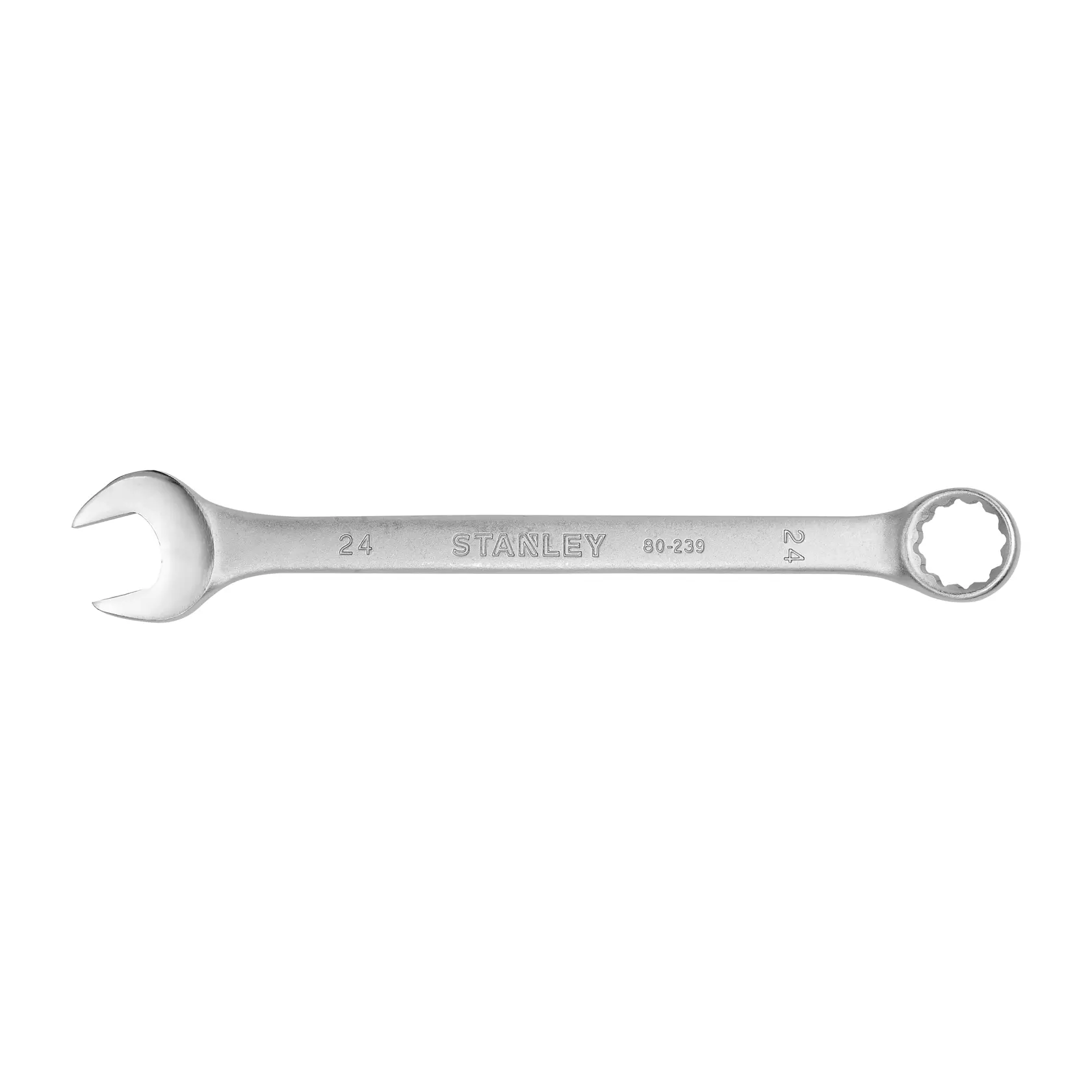 Llave combinada STANLEY STMT80239-840, acabado plateado, vista recta, un extremo abierto y un extremo de estrella.