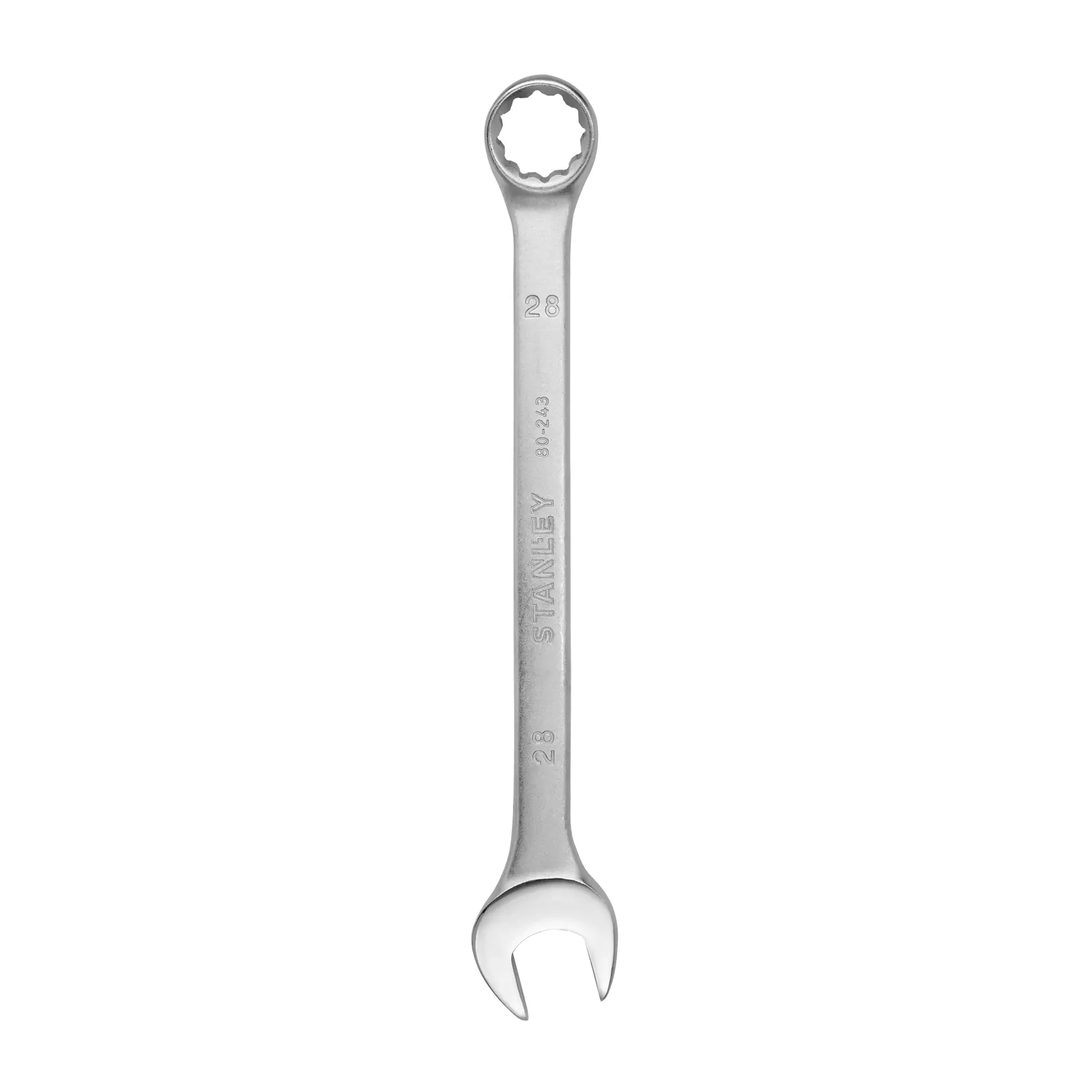 Llave combinada STANLEY STMT80243-8 plateada, vista frontal sobre fondo blanco