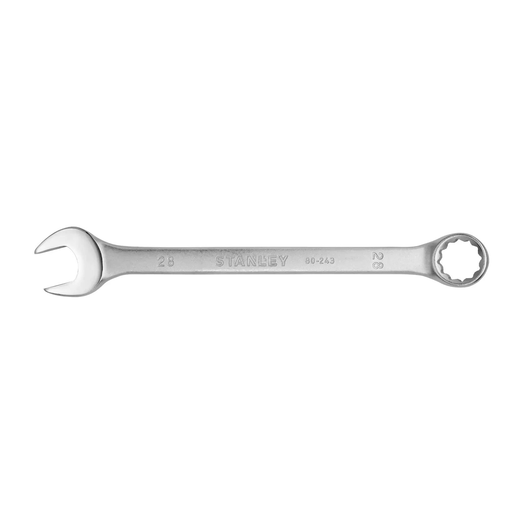 STANLEY STMT80243-8 llave combinada plateada, fotografía vista superior sobre fondo blanco.