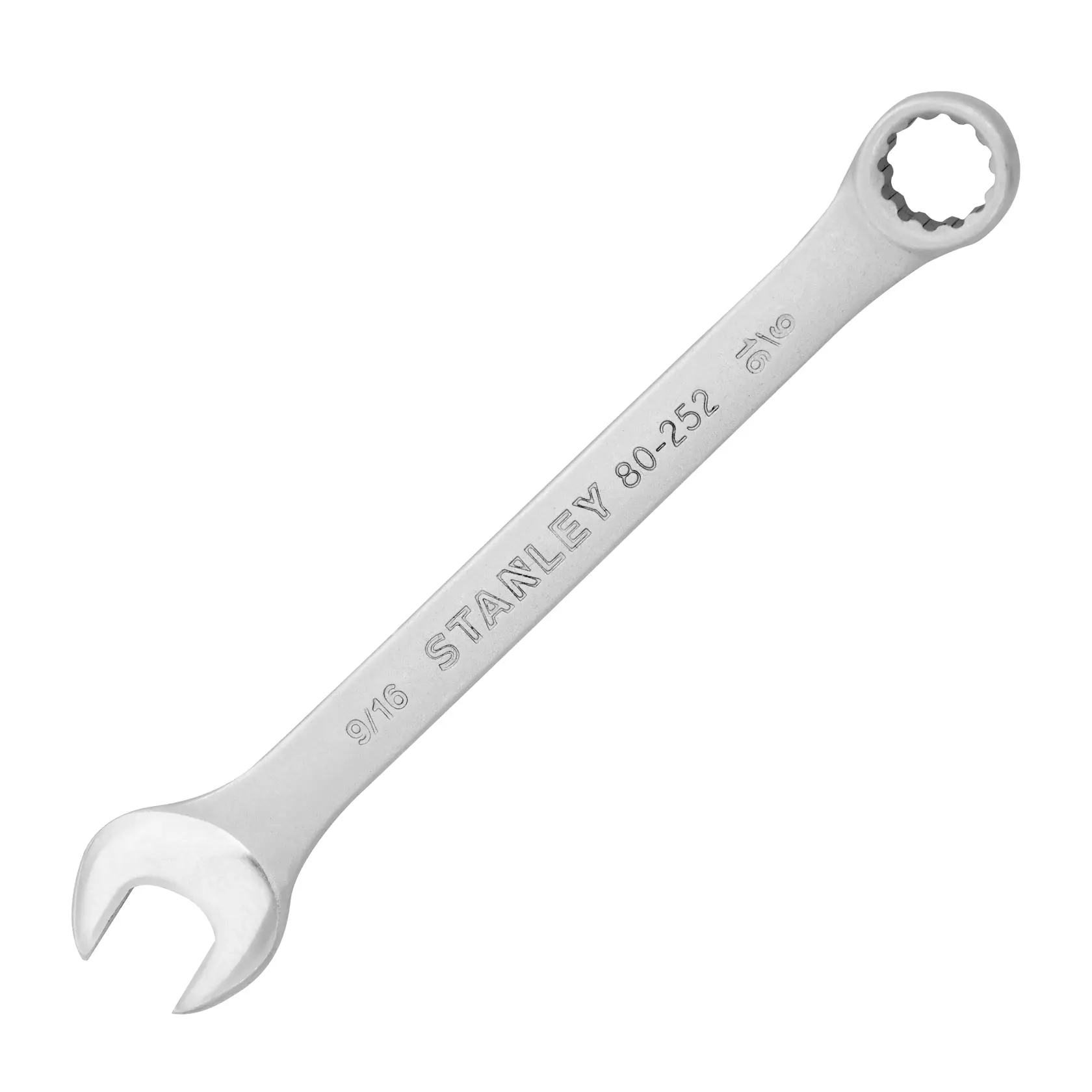 Llave combinada STANLEY STMT80252-840 con extremo abierto y de estrella, plateada, vista superior, fotografía de herramienta.