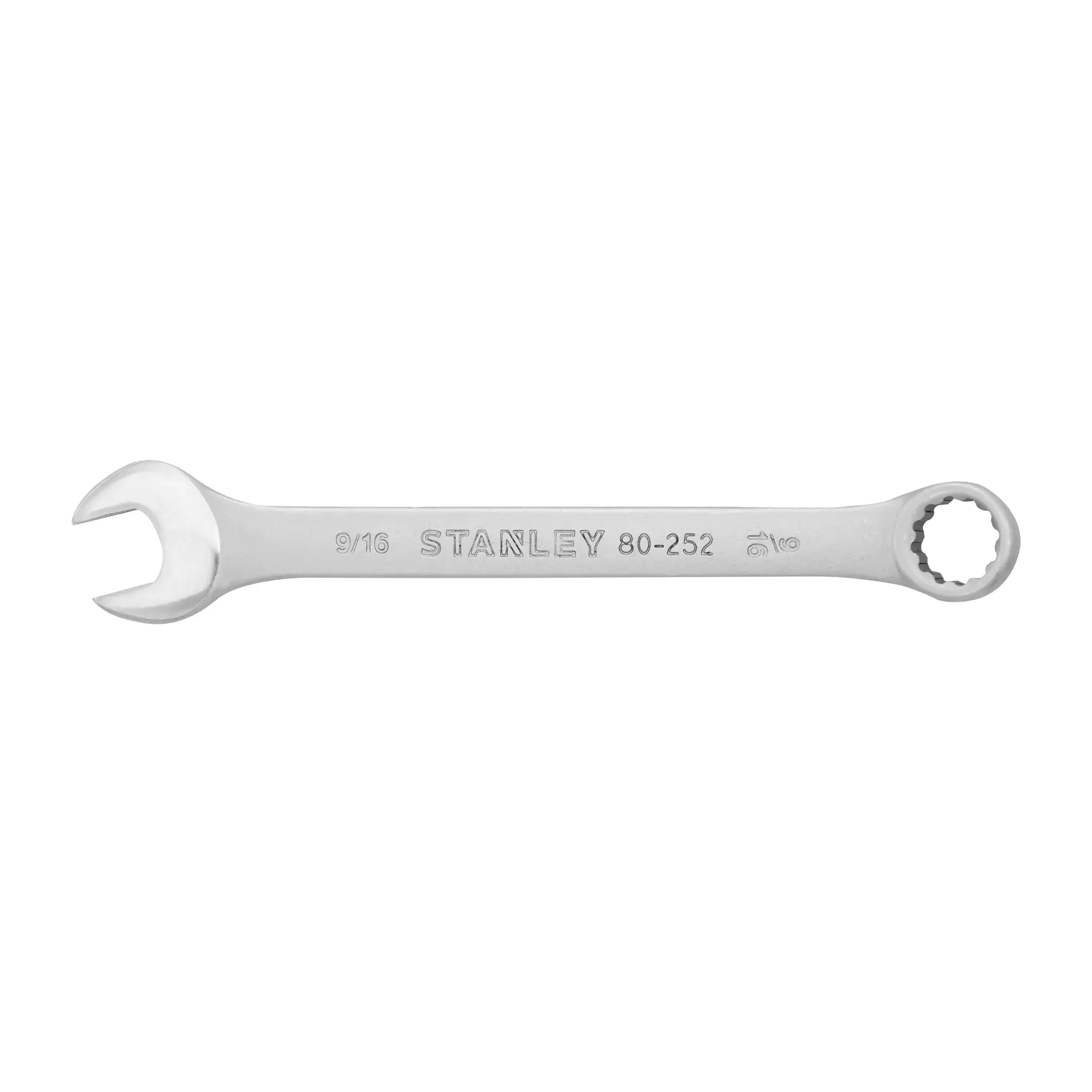 Llave combinada STANLEY STMT80252-840 plateada, boca abierta y de estrella, vista superior sobre fondo blanco.