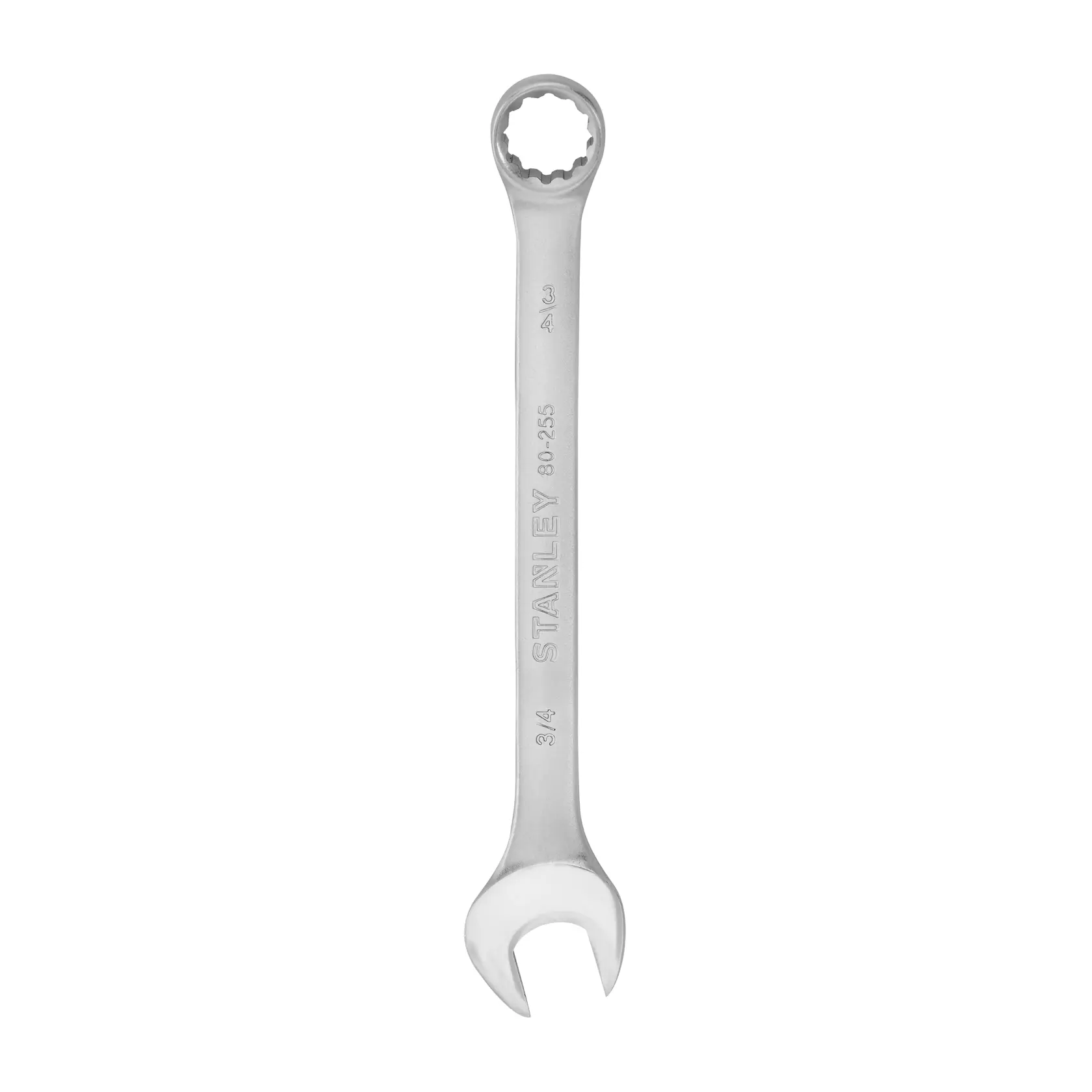 Llave combinada STANLEY STMT80255-840, acabado plateado, boca abierta y cerrada, vista superior sobre fondo blanco.