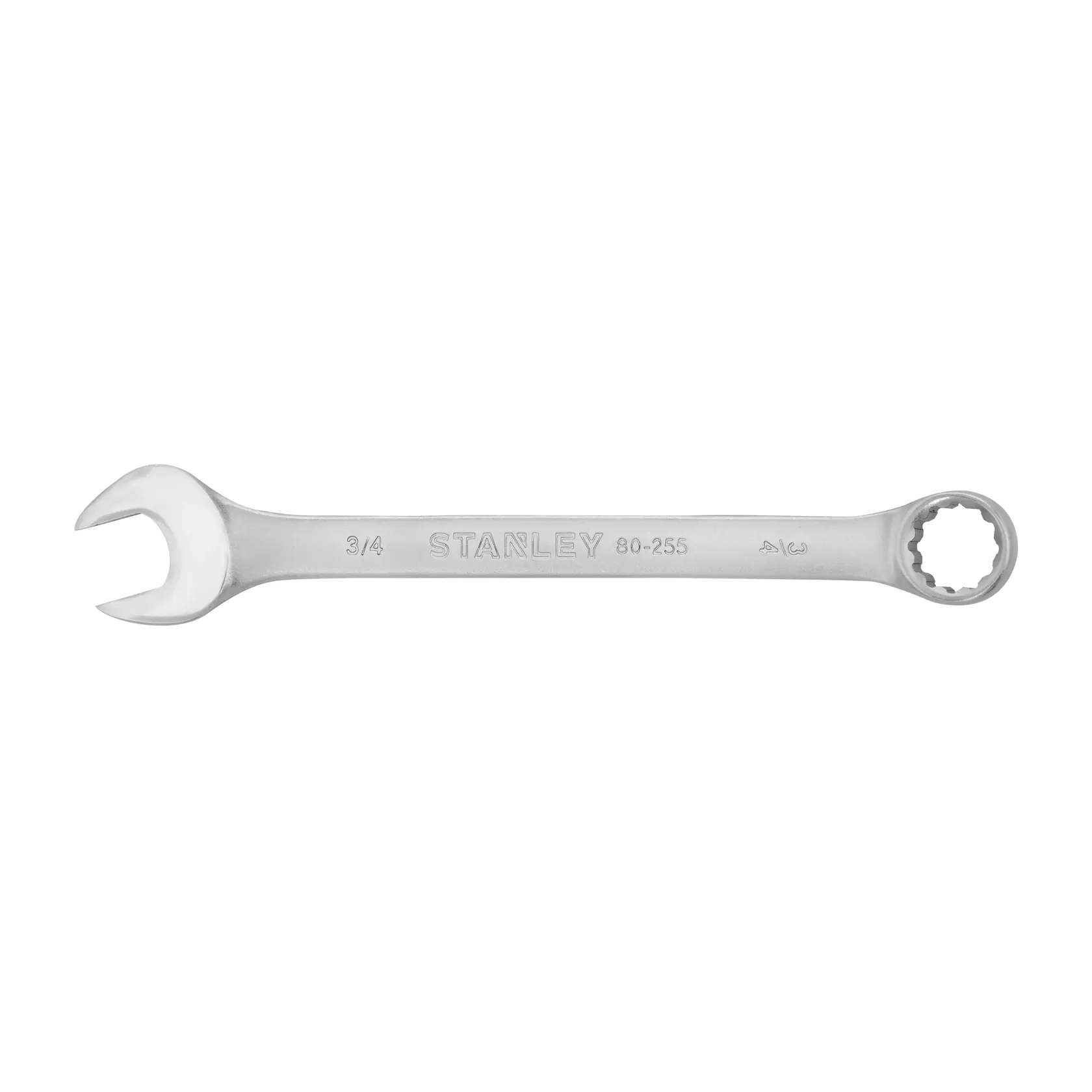 Llave combinada STANLEY STMT80255-840 plateada, vista lateral sobre fondo blanco, extremo abierto y de corona visibles.