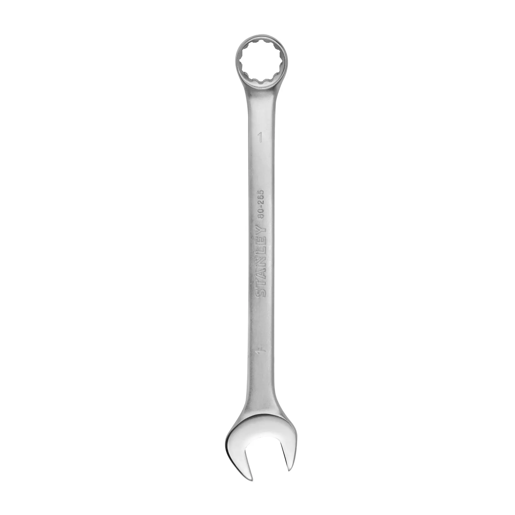 Llave combinada STANLEY STMT80265-840, plateada, vista frontal, con boca abierta y estrella, sobre fondo blanco.