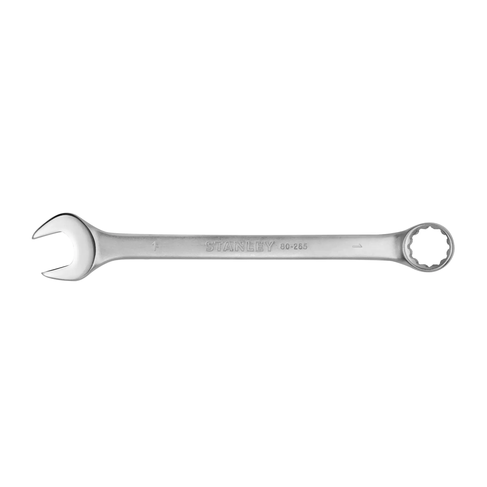 Llave combinada STANLEY STMT80265-840 con extremo abierto y estrella, acabado plateado, vista lateral sobre fondo blanco.