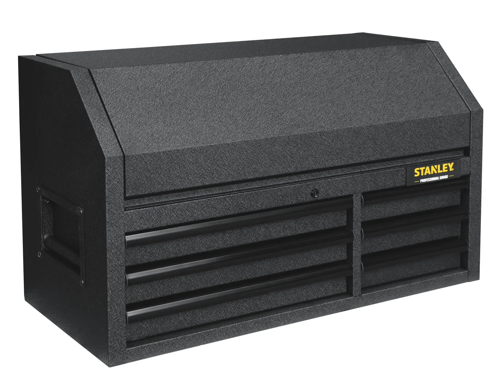 STANLEY STST24161BK caja de herramientas de acero negro con cajones, ángulo frontal, fotografía.